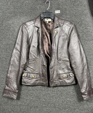 Metro 7 Genuine Leather Jacket Womens 10 Chocolate Gold Studs Button Biker *READ